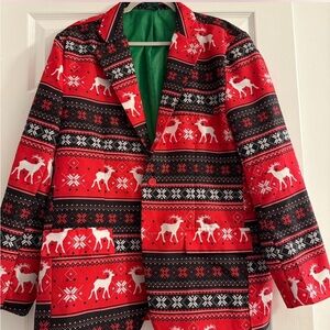 Ugly Christmas Reindeer Blazer Jacket XL Fair Isle Red‎ Black Holiday Party